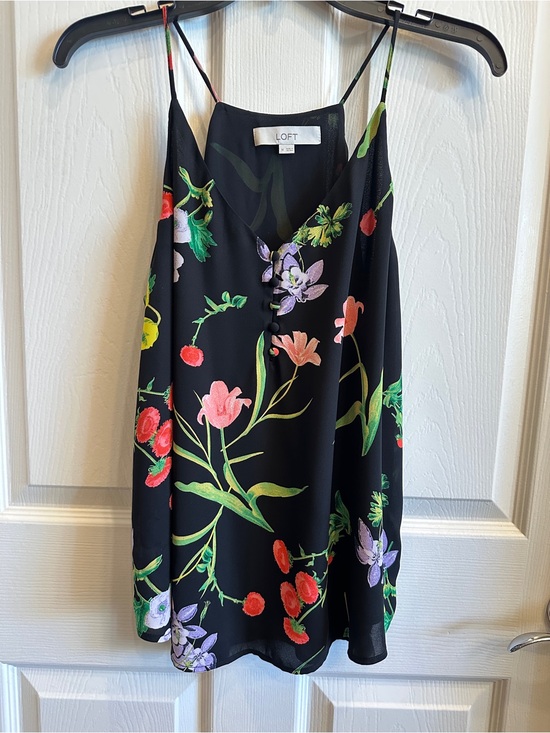 LOFT Tops - LOFT Black Floral Button-Front Spaghetti Strap Tank